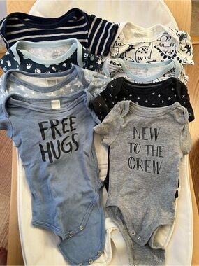 Set of 8 - Mix of Blue and Gray Baby One-Pieces - New to the Crew & Free Hugs